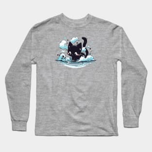 Black cat on the side of a pond Long Sleeve T-Shirt